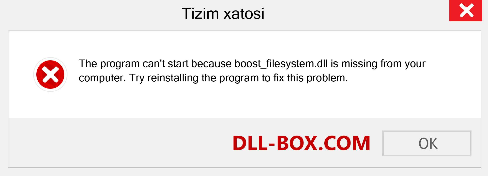 boost_filesystem.dll fayli yo'qolganmi?. Windows 7, 8, 10 uchun yuklab olish - Windowsda boost_filesystem dll etishmayotgan xatoni tuzating, rasmlar, rasmlar